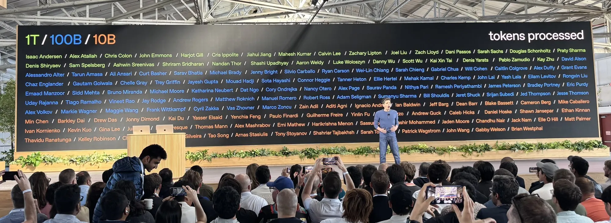 The tokens processed wall at OpenAI DevDay, October 2025: hundreds of developer names in tiers of one trillion, one hundred billion, and ten billion lifetime tokens, with Sam Altman on stage in front of it.